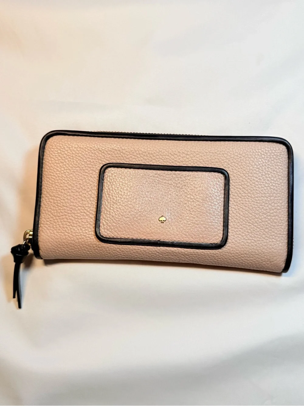Kate Spade Tan Beige Leather Continental Zip Wallet Black Trim Long